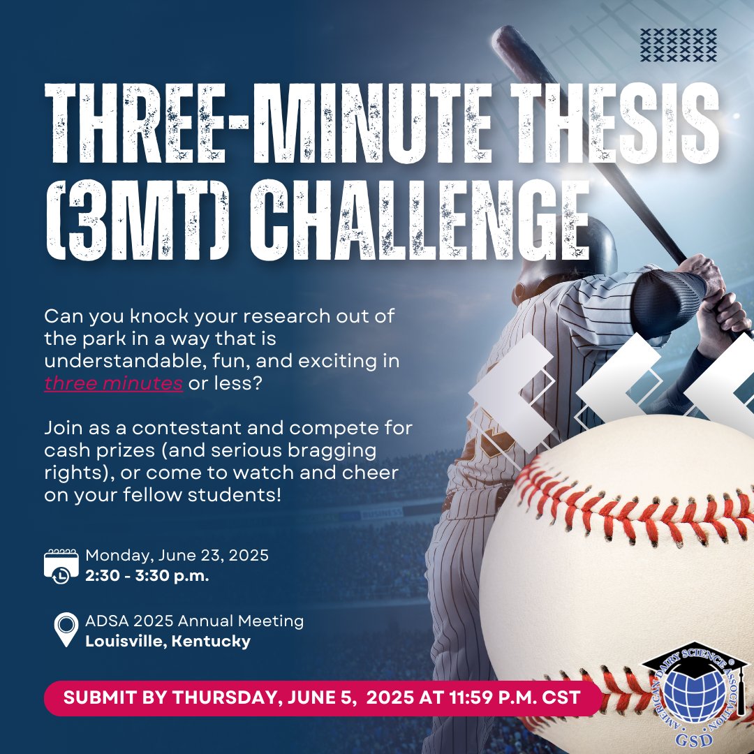 ⚾ Grads, the #3MTChallenge submissions for #ADSA2025 have been extended! bit.ly/3CNOKTO 🎯 Submit a 1-page copy of your CV, a 300-word summary of your research, and a 1-minute video pitch of your research to enter to win cash prizes and bragging rights!