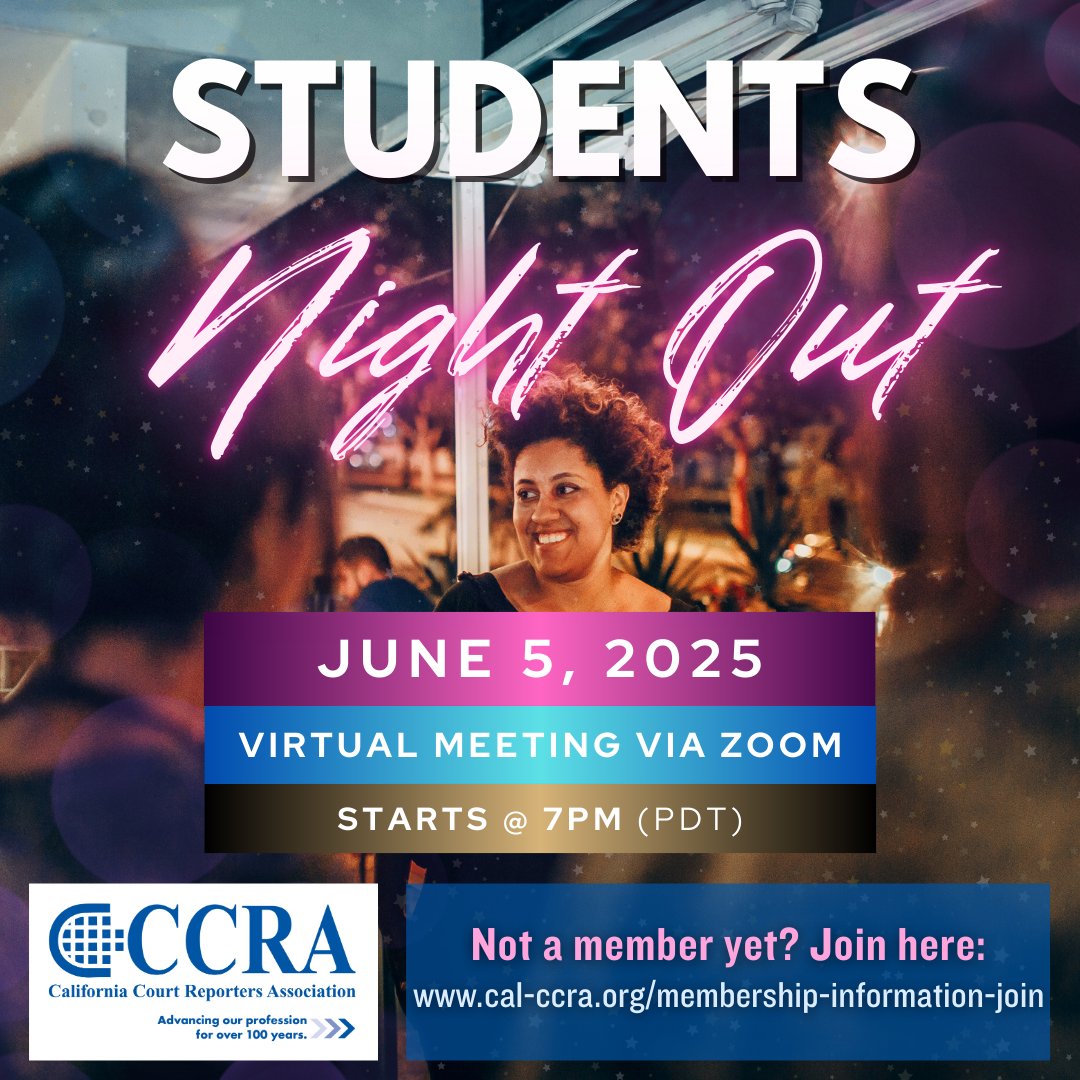 🎉 CCRA Students Night Out is back on June 5, 2025!
Court Reporting &amp; Captioning students, join us on Zoom for a fun, casual meetup, and chat about the profession! 🎓💬
📧 Check your email for the link.
Not a member yet? Join here: cal-ccra.org/membership-inf…