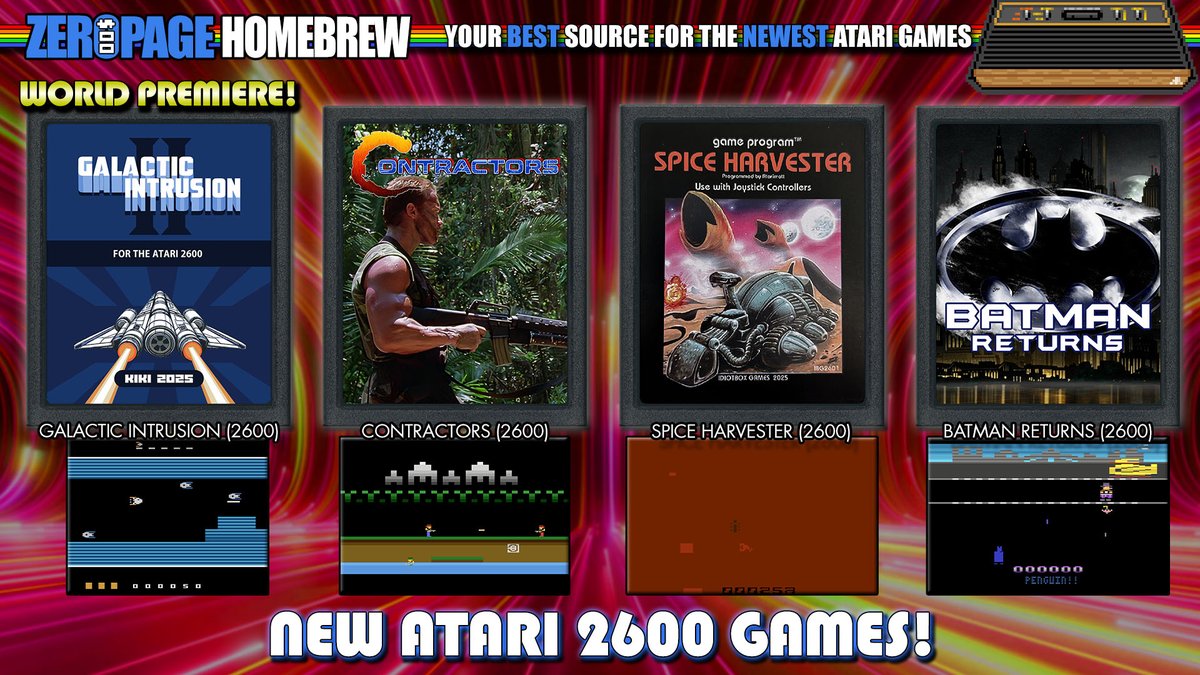 zeropagehomebre's tweet image. World Premiere of Galactic Intrusion 2 from Kiki2600 Games for the Atari 2600 PLUS Contra(ctors), a Dune based game and Batman Returns! New Atari 2600 games TOMORROW on ZeroPage Homebrew!
WATCH LIVE @ 12PM PT/3PM ET/7PM GMT
twitch.tv/zeropagehomebr…