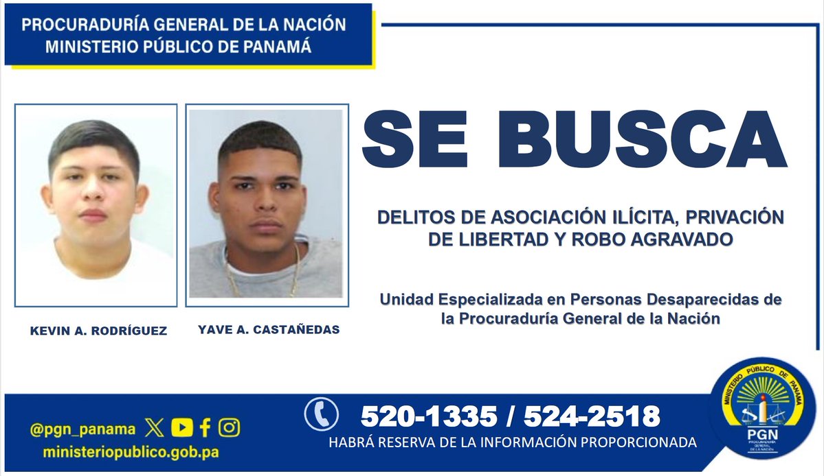 PGN_PANAMA's tweet image. #MásBuscados| La @PGN_PANAMA pide el apoyo de la ciudadanía para dar con la ubicación de estos dos hombres, vinculados a la #OperaciónFreedom por la desaparición de un ciudadano. En este caso hay 4 personas detenidas. ministeriopublico.gob.pa/mas-buscados/u…