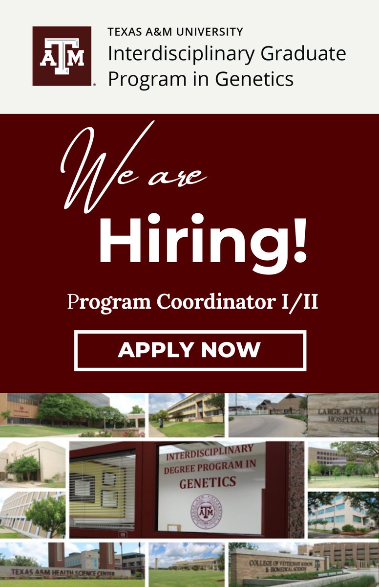 TAMU Genetics and Genomics (@tamugene) on Twitter photo We’re excited to share that <a href="/TAMUGENE/">TAMU Genetics and Genomics</a> is looking for a new Program Coordinator I/II.
Request the links to apply via genesec@tamu.edu We’re excited to share that <a href="/TAMUGENE/">TAMU Genetics and Genomics</a> is looking for a new Program Coordinator I/II.
Request the links to apply via genesec@tamu.edu
