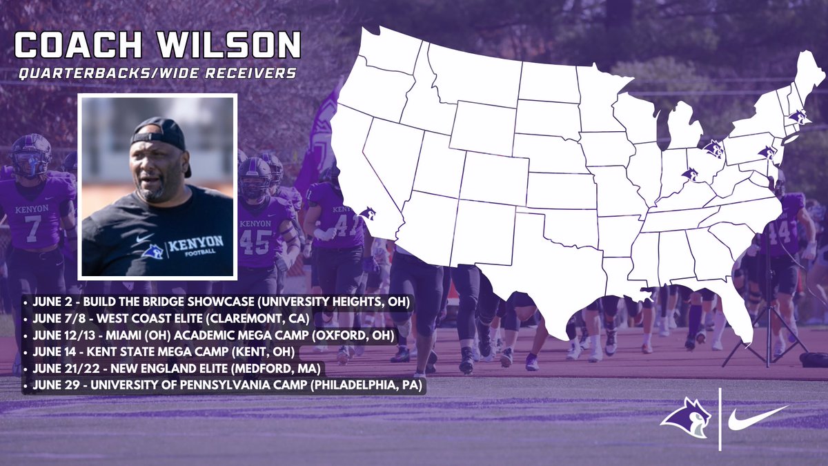 Kenyon Football (@kenyonfootball) on Twitter photo Camp season is here! Next up, check out where Quarterbacks/Wide Receivers Coach <a href="/coachwilson2333/">Nate Wilson</a> will be on the road this summer, looking for future Owls!
#EarnIt #TakeFLIGHT #GoOwls Camp season is here! Next up, check out where Quarterbacks/Wide Receivers Coach <a href="/coachwilson2333/">Nate Wilson</a> will be on the road this summer, looking for future Owls!
#EarnIt #TakeFLIGHT #GoOwls