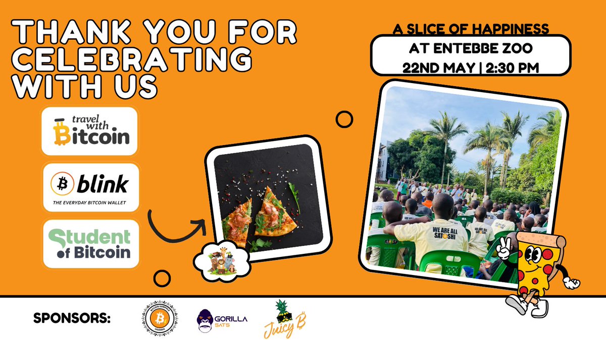 Bitcoin Kampala Uganda (@bitcoinkampala) on Twitter photo #Bitcoin Pizza Day โ Entebbe Zoo Edition was a success! ๐๐พ
Huge thank you to everyone who showed up, shared laughs, and made it special for the 115 kids from <a href="/orphansofuganda/">@OrphansOfUganda</a>
Grateful to all the Bitcoiners who donated and the three sponsors <a href="/blinkbtc/">Blink โ The Everyday Bitcoin Wallet</a> <a href="/studentofbtc/">Student of Bitcoin</a> and #Bitcoin Pizza Day โ Entebbe Zoo Edition was a success! ๐๐พ
Huge thank you to everyone who showed up, shared laughs, and made it special for the 115 kids from <a href="/orphansofuganda/">@OrphansOfUganda</a>
Grateful to all the Bitcoiners who donated and the three sponsors <a href="/blinkbtc/">Blink โ The Everyday Bitcoin Wallet</a> <a href="/studentofbtc/">Student of Bitcoin</a> and
