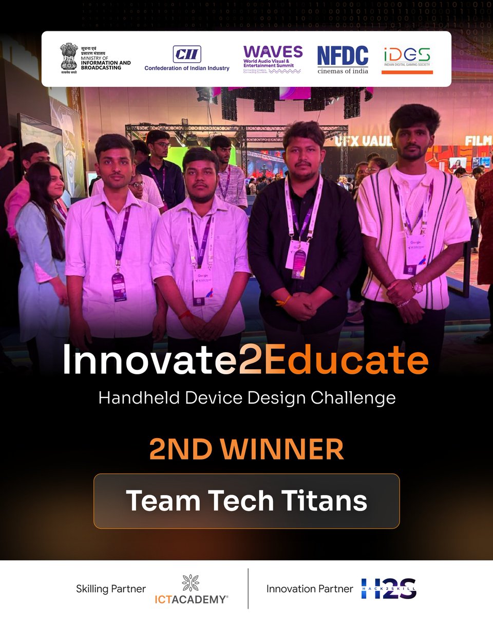 hack2skill's tweet image. Congratulations to the Top 3 winning teams of the #Innovate2Educate Challenge 2025 – project aimed at empowering inclusive, tech-enabled learning for all.

🏆 Winner: Kiddymaitri
🥈 1st Runners-Up: Tech Titans
🥉 2nd Runners-Up: Apex Achievers

#waves2025 #CreateInIndiaChallenge