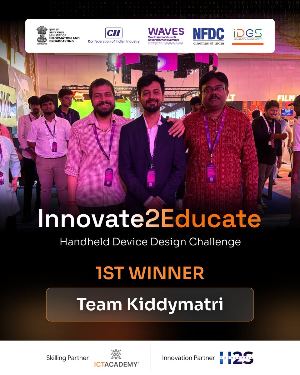 hack2skill's tweet image. Congratulations to the Top 3 winning teams of the #Innovate2Educate Challenge 2025 – project aimed at empowering inclusive, tech-enabled learning for all.

🏆 Winner: Kiddymaitri
🥈 1st Runners-Up: Tech Titans
🥉 2nd Runners-Up: Apex Achievers

#waves2025 #CreateInIndiaChallenge