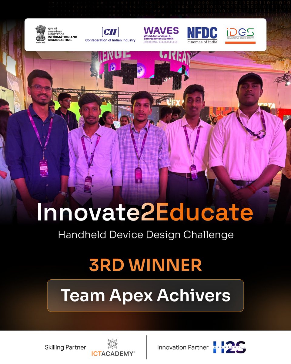 hack2skill's tweet image. Congratulations to the Top 3 winning teams of the #Innovate2Educate Challenge 2025 – project aimed at empowering inclusive, tech-enabled learning for all.

🏆 Winner: Kiddymaitri
🥈 1st Runners-Up: Tech Titans
🥉 2nd Runners-Up: Apex Achievers

#waves2025 #CreateInIndiaChallenge