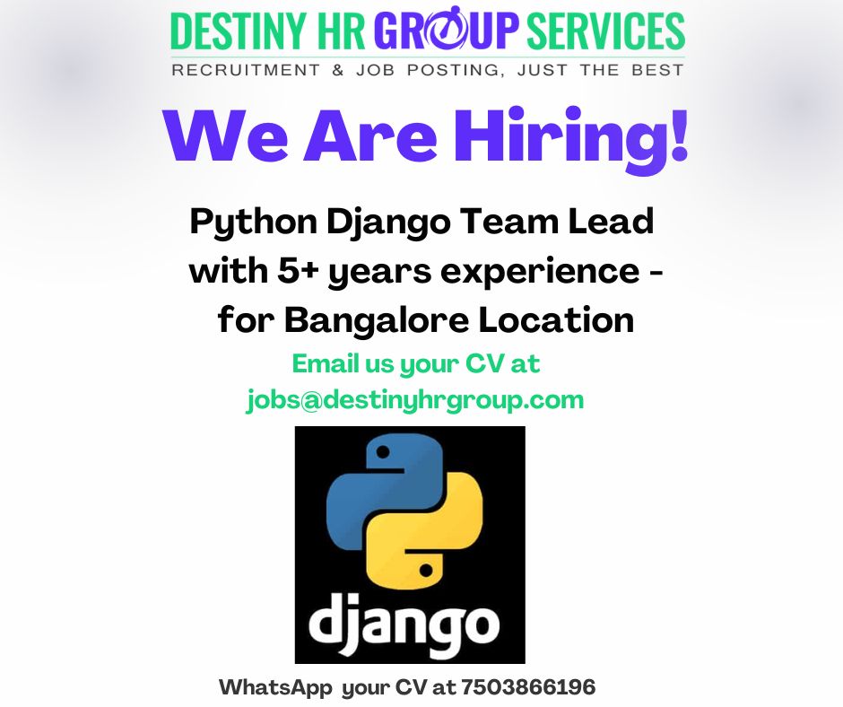 Destinyhrgroup's tweet image. Hiring Now: Python Django Team Lead - Jobs in Bangalore, Karnataka 📍 (Work From Office/WFO)
5-8 yrs experience in Python with Django
destinyhrgroup.com/job/python-dja…
#pythonjobs #pythondjangojobs #djangojobs #hiringnow Job #destinyhrgroup; WhatsApp at 075038 66196