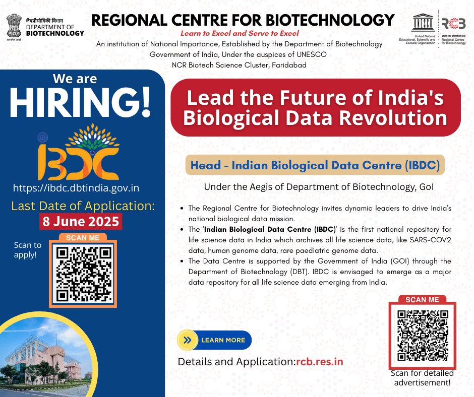 RCB (@unescorcb) on Twitter photo Job alert!
The last date to apply for the position of IBDC Project Head has been extended to 8 June 2025.
#IndianBiologicalDataCentre #IBDC <a href="/ibdctweets/">IBDC (Indian Biological Data Centre)</a> Job alert!
The last date to apply for the position of IBDC Project Head has been extended to 8 June 2025.
#IndianBiologicalDataCentre #IBDC <a href="/ibdctweets/">IBDC (Indian Biological Data Centre)</a>