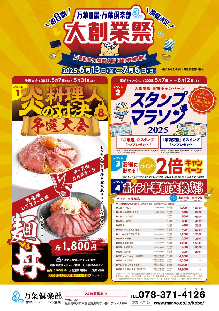 manyo_kobe's tweet photo. 第8回 万葉の湯･万葉倶楽部 大創業祭開催決定!!
事前キャンペーン開催中！
2025年5月7日(水)～6月12日(木)
♨️炎の料理人対決 予選大会～5月31日(土)
♨️スタンプマラソン
♨️ポイント2倍キャンペーン
♨️ポイント事前交換キャンペーン
※ポイント事前交換には入館が必要です

https://t.co/UO32PObqZc https://t.co/2MjltrjaVh
