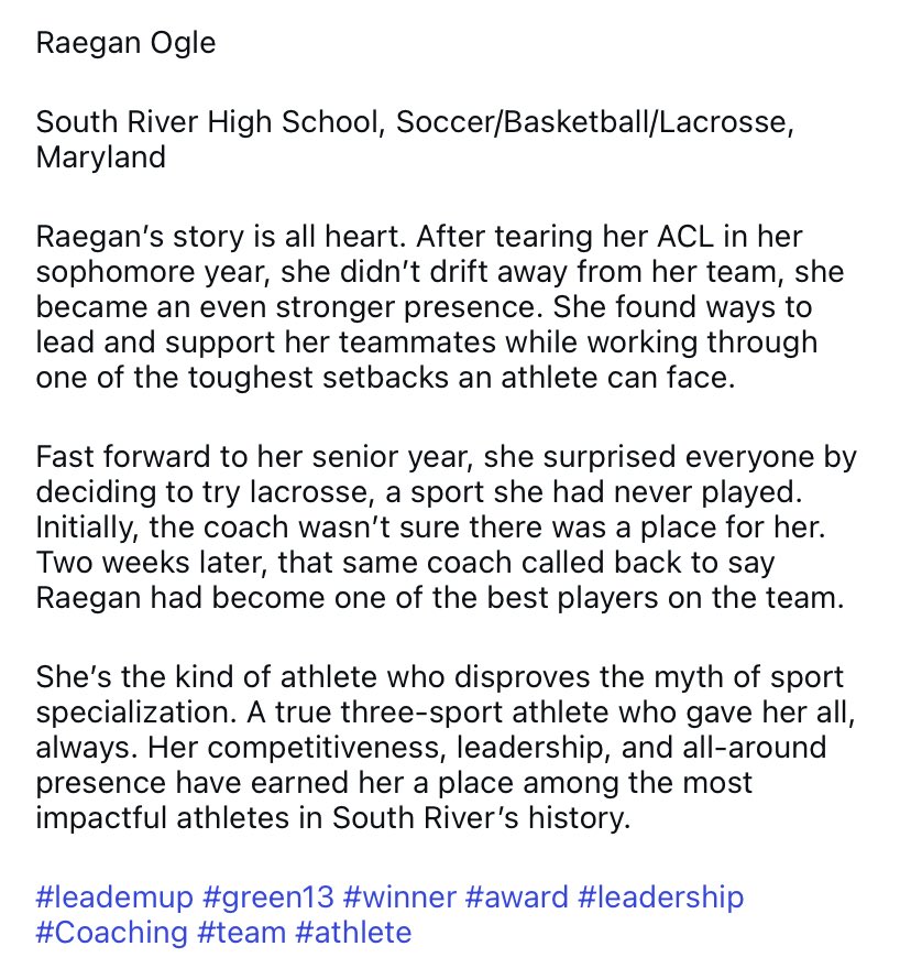 I’m proud to announce Raegan was named one of the Green 13 tonight.  I want to thank Raegans coaches for nominating her, her teammates and the folks at <a href="/Lead_Em_Up/">Lead 'Em Up</a> for this honor.