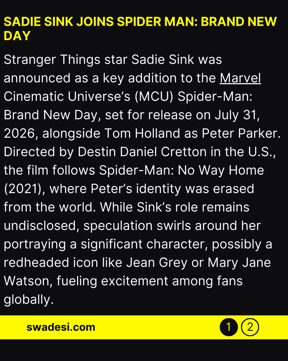 swadesicom's tweet photo. Stranger Things star Sadie Sink was announced as a key addition to the Marvel Cinematic Universe’s (MCU) Spider-Man: Brand New Day
https://t.co/zWbjHZbsiL
#sadiesink #maydayparker #spidergirl #brandnewday #spidermanmultiverse #tobeymaguire #marvelcasting #swadesi https://t.co/5IstCJpre2