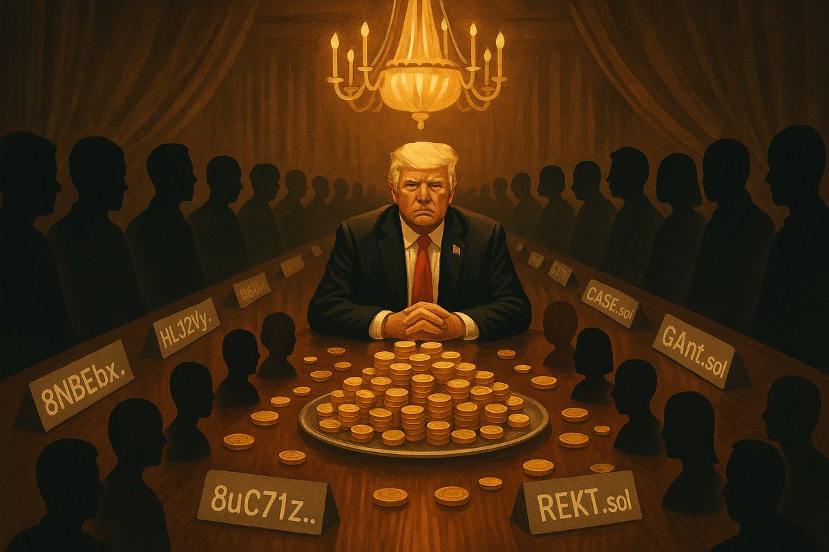 therealcoolnerd's tweet image. “Trump at head of table with anonymous wallets”)
Picture a VIP banquet where every name tag is a random hash. 🍽️
That’s the $TRUMP holder list: big money, zero faces.
#Blockchain #Transparency #Memecoin