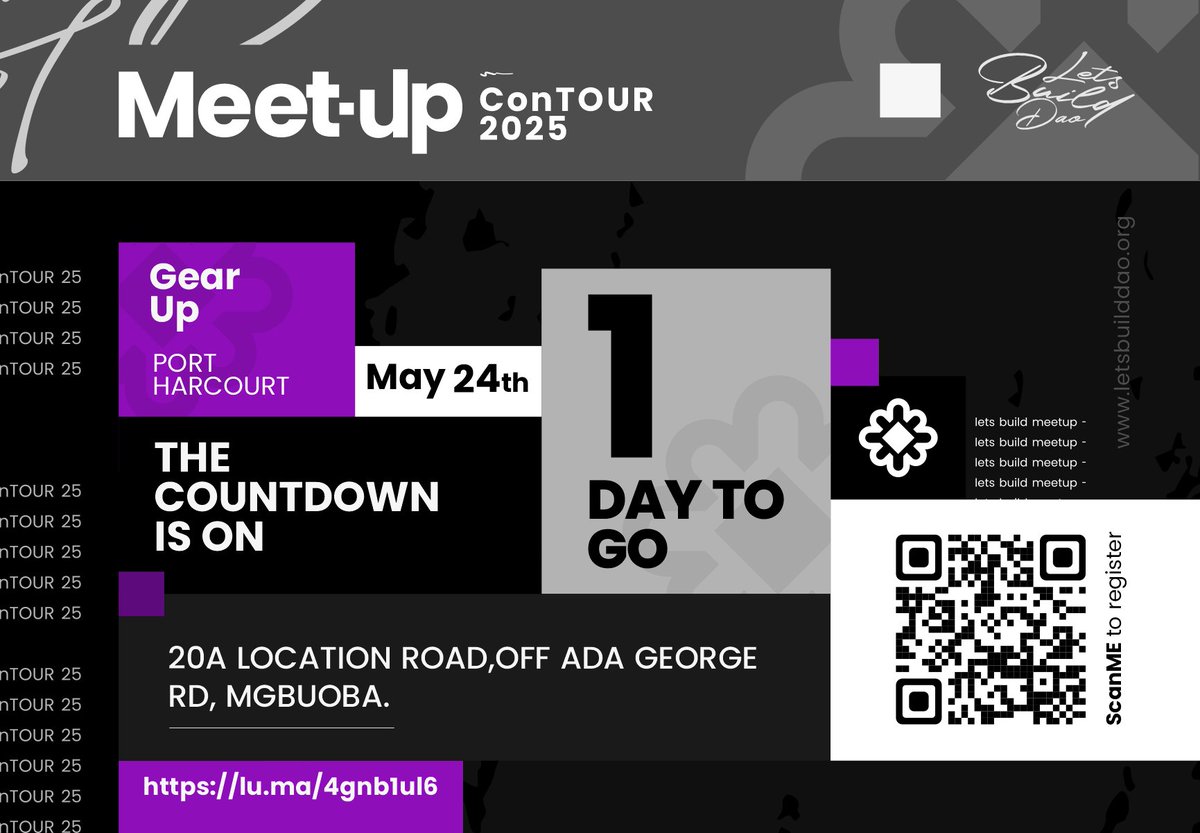 letsbuild_dao's tweet photo. CONTOUR 2025  PORT HARCOURT COUNTDOWN!!!
1 day to go, Portharcourt 🔥 

Are you ready  to LEARN, CONNECT AND GROW then don't miss this  meetup 

Let’s Build DAO Meet-Up ConTOUR 
       2025

PORT HARCOURT 24TH MAY

Venue: Moments Event Center, 
20A Location Road, Off Ada George Rd., Mgbuoba Port Harcourt 

Secure your spot here👇🏽:
https://t.co/03PRhmE0MX…

#LBDAO 
#CONTOUR2025 
#LBDMEETUP25