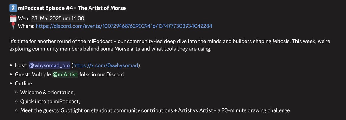 0xJohnson909's tweet image. ‼️‼️miPodcast #4 Live Today‼️‼️
🕑Wen: 2 PM UTC
🌍Where: Mitosis Discord
🤵Horst: @0xwhysomad
be sure to join an get a chance to win some $MORSE rewards 🤑