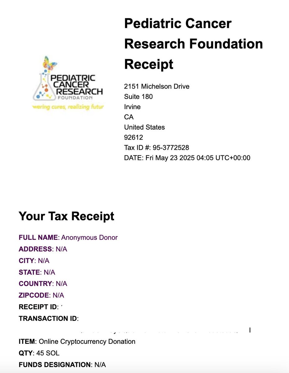 2nd donation to the Pediatric Cancer Research Foundation

45 SOL (around $8000)