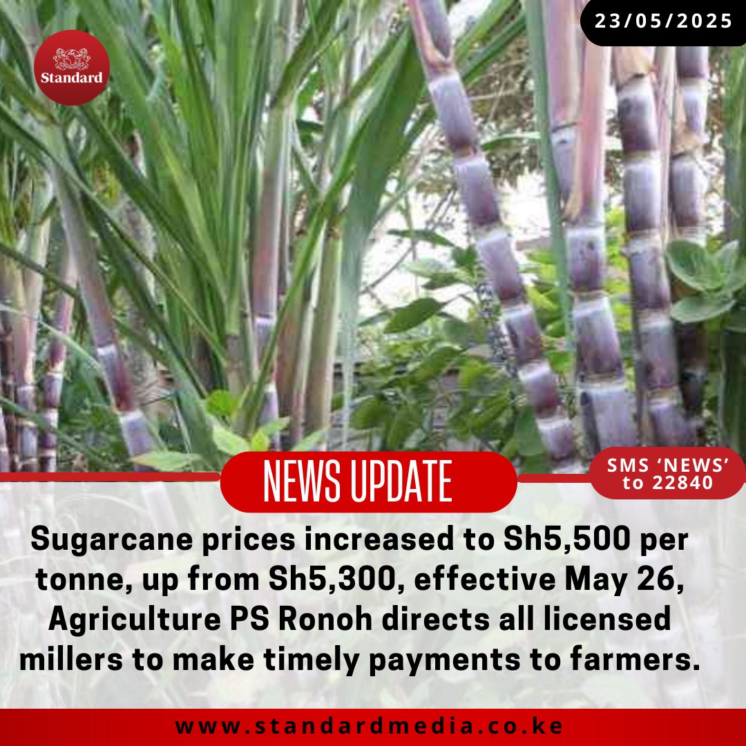 Sugarcane prices increased to Sh5,500 per tonne, up from Sh5,300, effective May 26, Agriculture PS Ronoh directs all licensed millers to make timely payments to farmers.