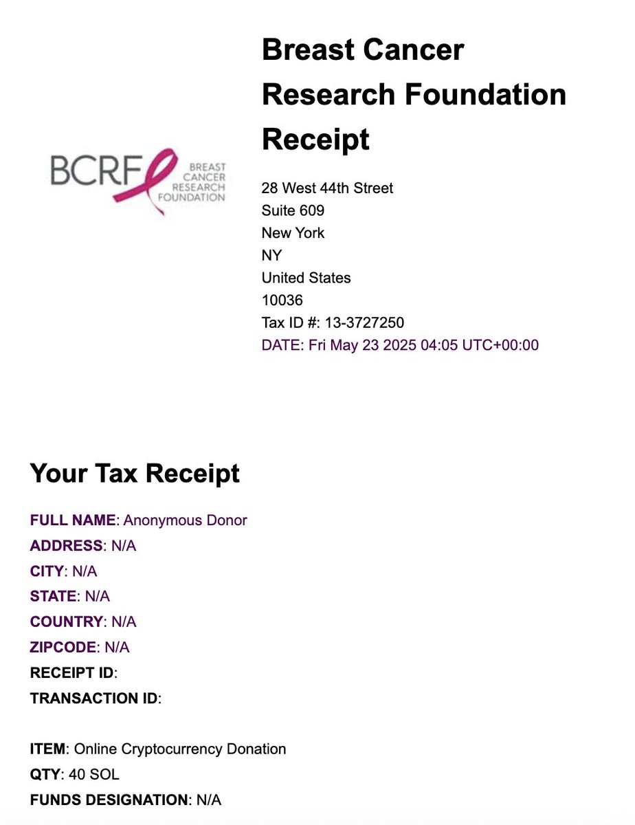 3rd donation to the Breast Cancer Research Foundation

40 SOL (around $7000)