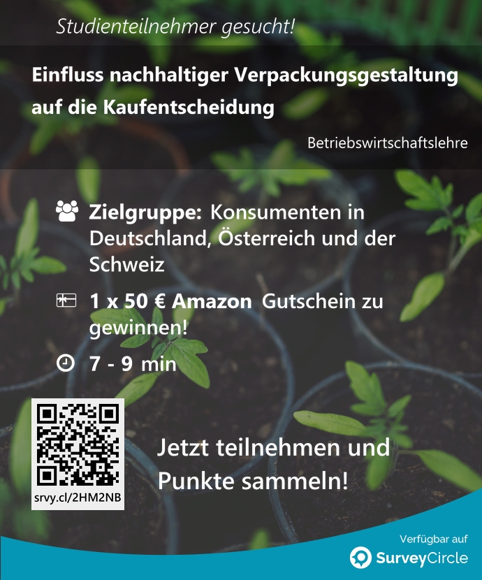 SurveyCircle's tweet image. Teilnehmer gesucht für top-platzierte Online-Studie:

"Einfluss nachhaltiger Verpackungsgestaltung auf die Kaufentscheidung" surveycircle.com/2HM2NB/ via @SurveyCircle #fomhochschule

#verpackung #nachhaltigkeit #kaufentscheidung #einzelhandel