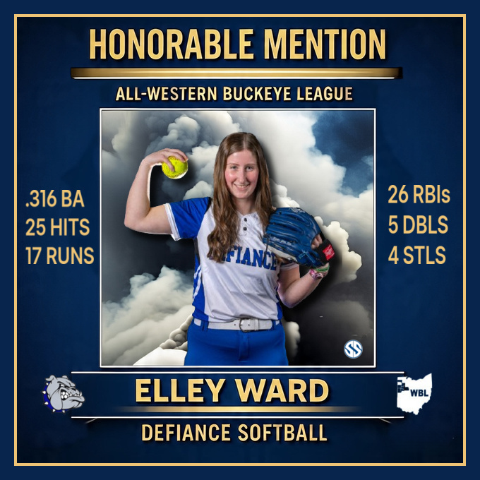 SusanSweet44's tweet photo. Congratulations to Defiance softball player, Elley Ward, who received Honorable Mention, All-Western Buckeye League. The junior will have another year of softball to add to the winning ways of the Lady Bulldogs! #HonorableMention #GoLadyDogs 
@DefianceSBall @DefiBulldogs https://t.co/x68PKWskaT