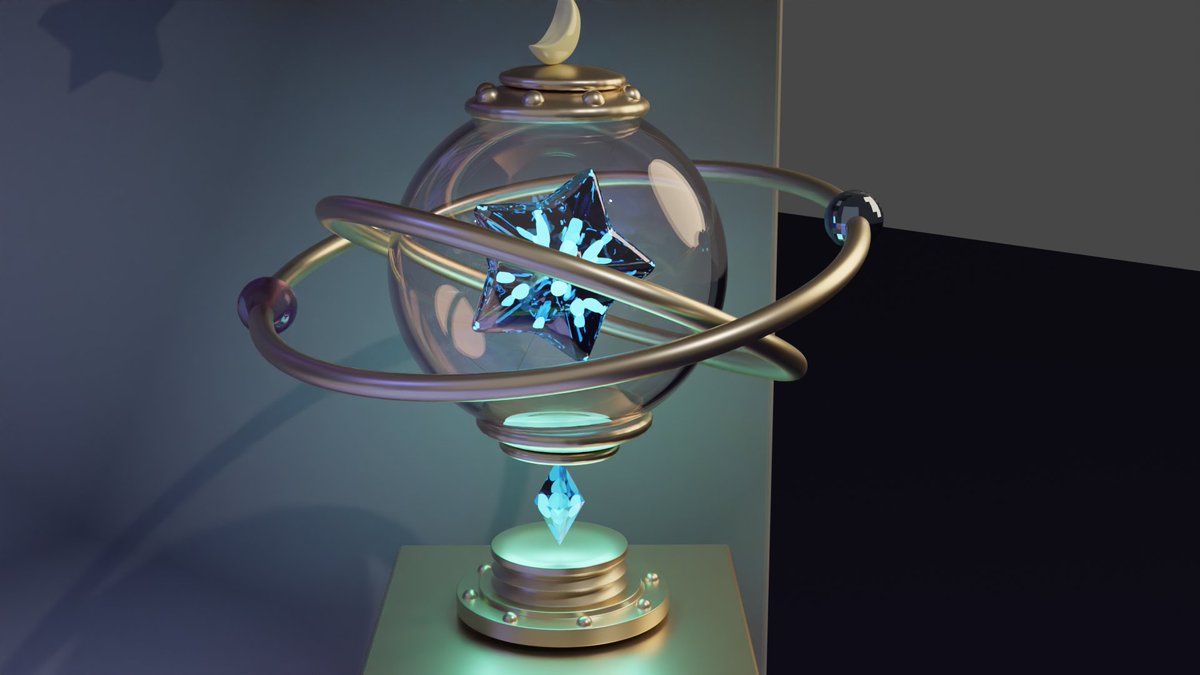 オブジェ　
中の星を光らせるのにちょっと苦労した。
発光じゃなくて、きらめく感じにしたかった。
ポイントライトをガラス玉の中に入れると、変に丸く光っちゃうんだよね。
だから、ポイントライトを極限まで小さくして入れてみた。

#blender #blender初心者 #b3d #3dcg