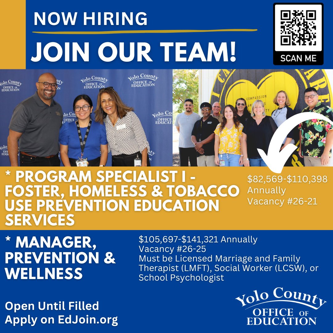Join the YCOE team! We are hiring two roles in our Prevention and Wellness department located in Woodland.

▪️Prevention and Wellness Manager, t.ly/JYjxR
▪️Program Specialist I - Foster, Homeless, and Tobacco Use Prevention Education Services, t.ly/eiH-E