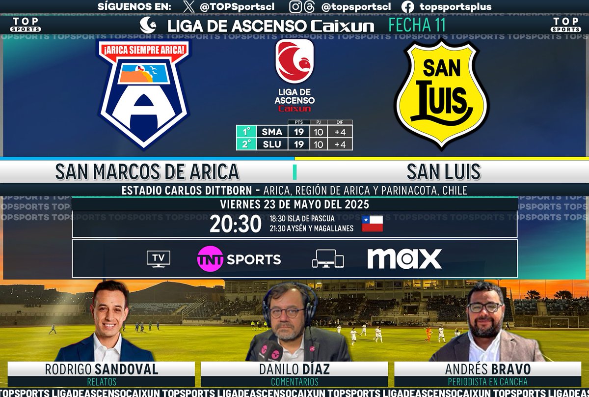 TOP Sports (@topsportscl) on Twitter photo #LigadeAscensoCaixun ⚽️🇨🇱 Fecha 11
#SanMarcosdeArica - #SanLuis
🎙️ Relatos: <a href="/RorroSandoval/">Rodrigo Sandoval</a>
🗣️ Comentarios: <a href="/HinchaPuma/">Danilo Díaz</a>
🏟️ Cancha: <a href="/andresbravo83/">Llamito</a>
#⃣ #MatchdayViernes - #LigadeAscenso
🖥️ <a href="/TNTSportsCL/">TNT Sports Chile</a>
📱💻 <a href="/StreamMaxLA/">Max Latinoamérica</a> 🇨🇱
🔃❤️ #LigadeAscensoCaixun ⚽️🇨🇱 Fecha 11
#SanMarcosdeArica - #SanLuis
🎙️ Relatos: <a href="/RorroSandoval/">Rodrigo Sandoval</a>
🗣️ Comentarios: <a href="/HinchaPuma/">Danilo Díaz</a>
🏟️ Cancha: <a href="/andresbravo83/">Llamito</a>
#⃣ #MatchdayViernes - #LigadeAscenso
🖥️ <a href="/TNTSportsCL/">TNT Sports Chile</a>
📱💻 <a href="/StreamMaxLA/">Max Latinoamérica</a> 🇨🇱
🔃❤️