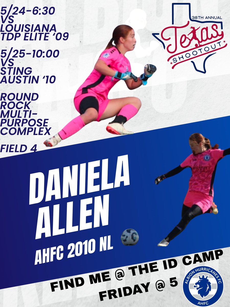 My team AHFC 2010 ECNL is playing at the Texas Shootout this weekend! Coaches, come watch our games and see me at the ID Camp on Friday!
<a href="/ahfcsoccer/">Albion Hurricanes FC</a> <a href="/ImYouthSoccer/">ECNL/GA/Recruiting/College Soccer</a> <a href="/ECNLgirls/">ECNL Girls</a> <a href="/PrepSoccerTX/">Prep Soccer Texas</a> <a href="/CoachGusMota/">Gustavo Mota</a>