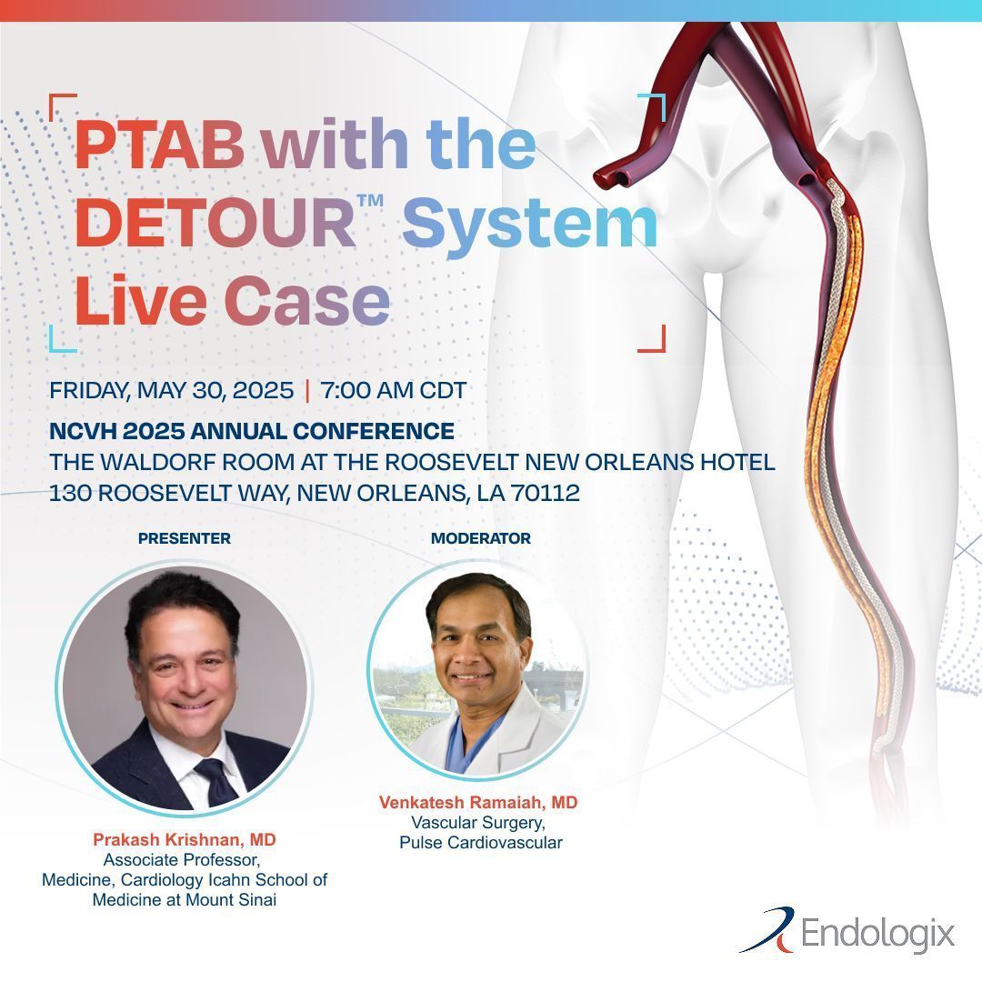 Explore the future of PAD treatment at #NCVH2025!

Don’t miss this featured session on Friday, May 30 at 7:00 AM, showcasing a live PTAB case using the DETOUR System, presented by Prakash Krishnan, MD and moderated by Venkatesh Ramaiah, MD.

Discover how this innovative approach