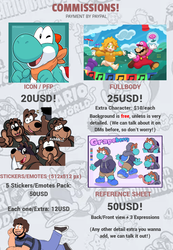 tomasso_el's tweet image. HELLOOO!!! I'm opening up some slots!
I added a couple of more things this time! (Also thanks for the commissioners for the examples!)
Payment is by Paypal. If you are interested, hit me up here or on Discord @/tomoso_el