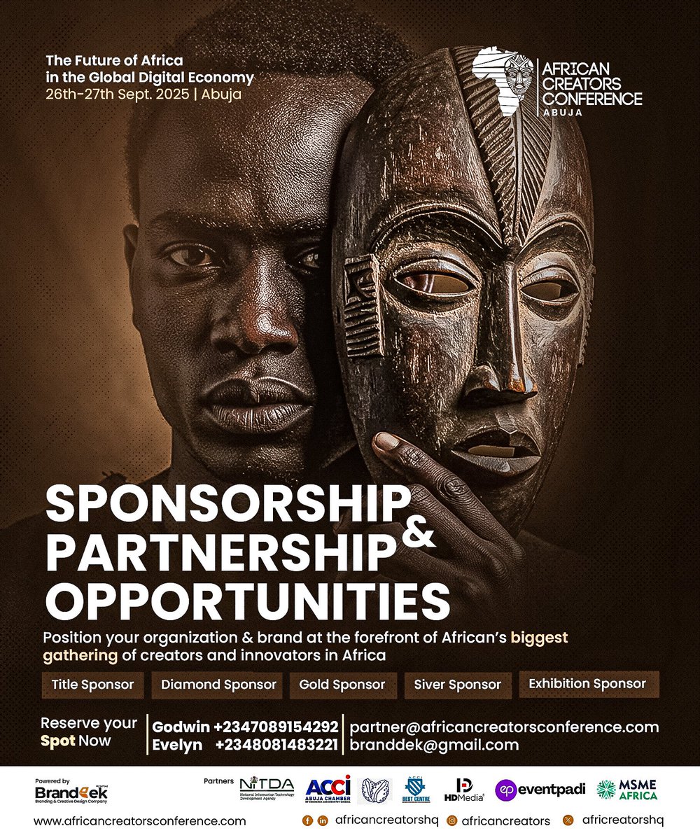Africreatorshq's tweet photo. Partnership and Sponsorship Opportunity is currently open 

Let’s make ACC2025 a success 

Partner with us
https://t.co/P5a3f5POLk https://t.co/KUR7zoUqd0