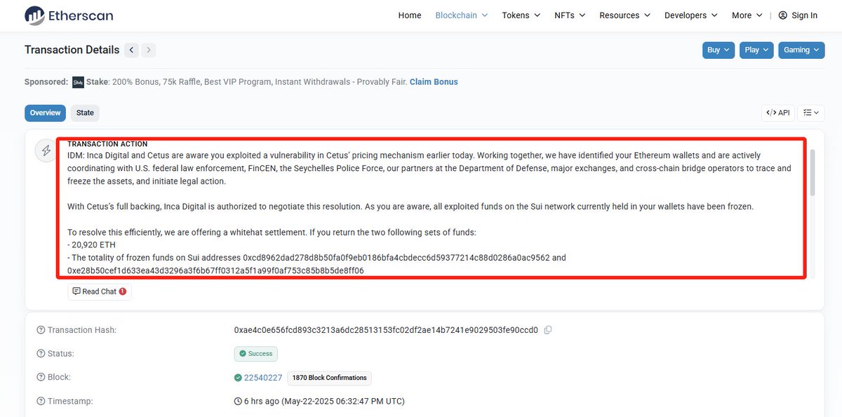 🚨 BREAKING: "Cetus offre 2324 ETH agli hacker in cambio della restituzione di 20.900 ETH dopo l'attacco al protocollo"