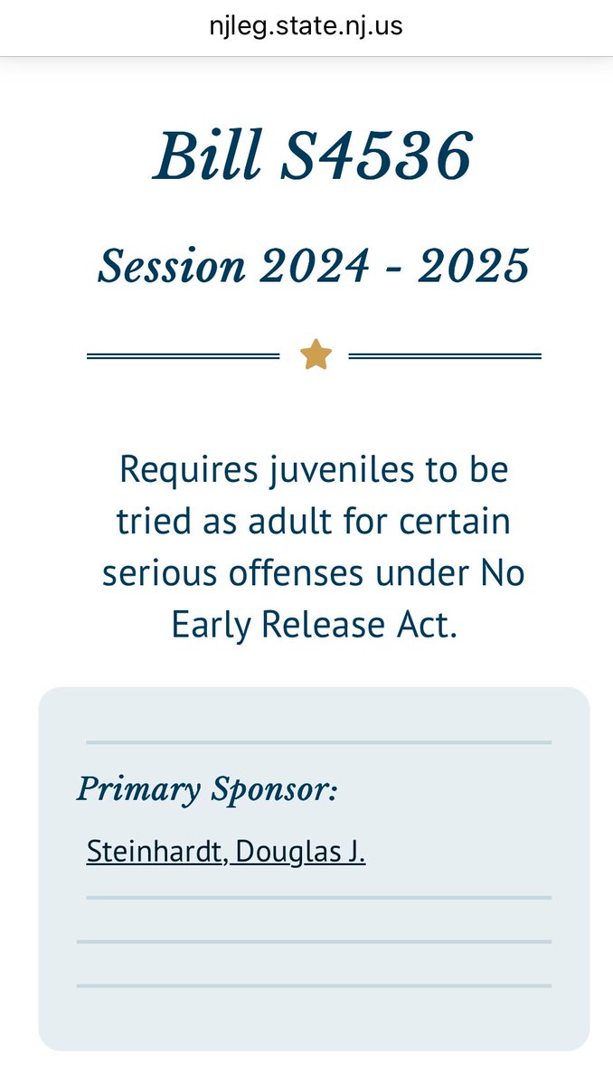 My bill follows the March murder of Newark Police Sgt Azcona by a 14 yr old killer &amp; let’s prosecutors charge as adults violent criminals under 18 who commit No Early Release Act crimes (murder, rape, agg arson, etc). S4536 recognizes you aren’t safe w/ weak woke Dems in charge.