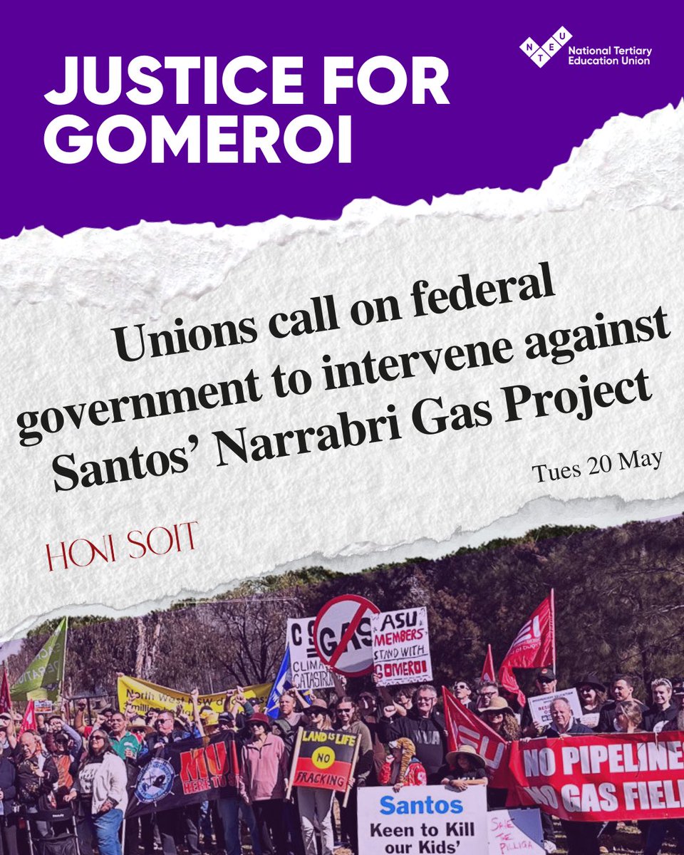 NTEU New South Wales (@nteunsw) on Twitter photo The Native Title Tribunal has backed Santos’ destructive gas mine against the wishes of the Gomeroi.
But <a href="/MRowlandMP/">Michelle Rowland</a> <a href="/MurrayWatt/">Senator Murray Watt</a> and Sen. Malarndirri McCarthy can still intervene.
This week NTEU NSW and 9 trade unions call for urgent action. Read more: nteu.info/nsw-gomeroi The Native Title Tribunal has backed Santos’ destructive gas mine against the wishes of the Gomeroi.
But <a href="/MRowlandMP/">Michelle Rowland</a> <a href="/MurrayWatt/">Senator Murray Watt</a> and Sen. Malarndirri McCarthy can still intervene.
This week NTEU NSW and 9 trade unions call for urgent action. Read more: nteu.info/nsw-gomeroi