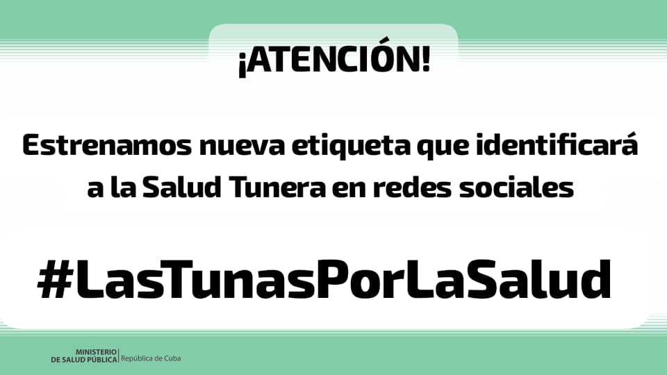 ‼️ATENCIÓN‼️

La Salud Pública en Las Tunas estrena su etiqueta identificativa que representará al sector en las redes sociodigitales a través de sus cuentas y perfiles.

#LasTunasPorLaSalud será a partir de hoy nuestro Hashtag (#) en el combate.

#LasTunasPorLaSalud