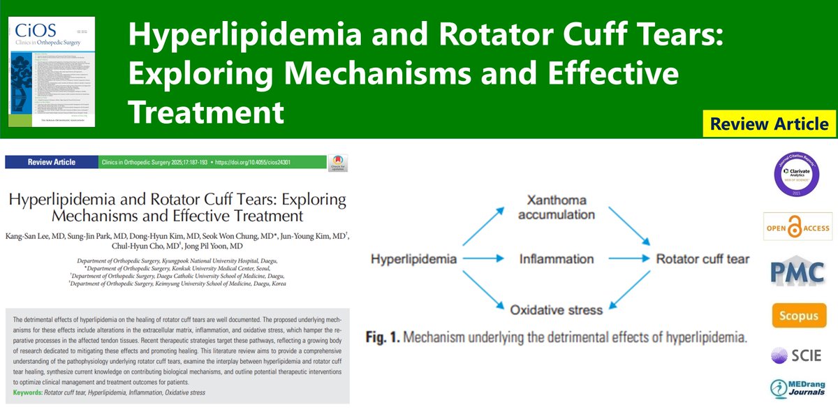 Hyperlipidemia and Rotator Cuff Tears: Exploring Mechanisms and Effective Treatment
🌷doi.org/10.4055/cios24…
Clin Orthop Surg. 2025 Apr;17(2)Kang-San Lee,
#Rotator_cuff_tear #Hyperlipidemia #Inflammation #Oxidative_stress