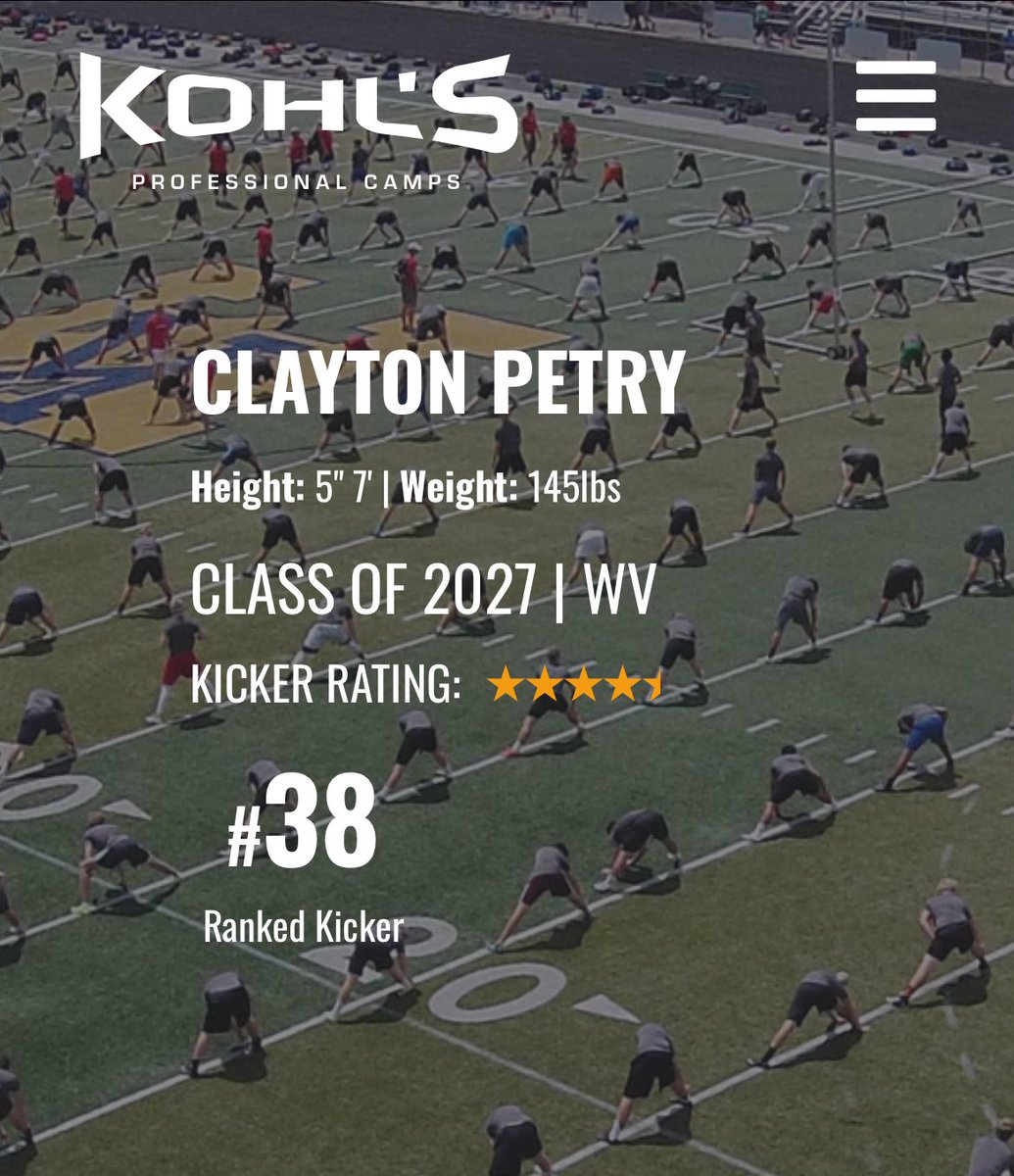 Clayton Petry (@claytonpetry27) on Twitter photo Grateful to receive 4.5⭐️ and 38th in the country by <a href="/KohlsKicking/">Kohl's Kicking Camps</a>
<a href="/CoachRobGrande/">Rob Grande</a> <a href="/MikeYou47339306/">Coach Mike Young</a> <a href="/WhgCCAthletics/">CCHSAthletics1865</a> Grateful to receive 4.5⭐️ and 38th in the country by <a href="/KohlsKicking/">Kohl's Kicking Camps</a>
<a href="/CoachRobGrande/">Rob Grande</a> <a href="/MikeYou47339306/">Coach Mike Young</a> <a href="/WhgCCAthletics/">CCHSAthletics1865</a>