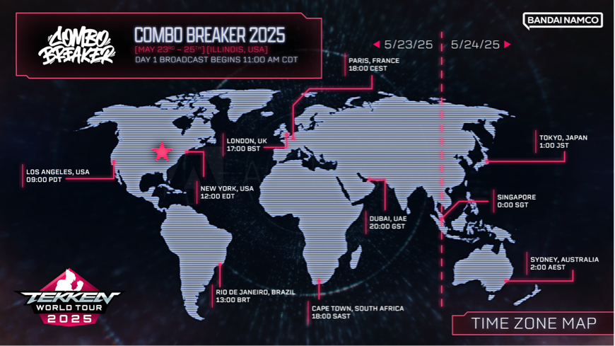 Day 1 of #TWT2025 at COMBO BREAKER 2025 is almost upon us! 🎉

Find your local time and set your alarms.
We will see you in a few hours! #CB2025

👉 twitch.tv/TEKKEN