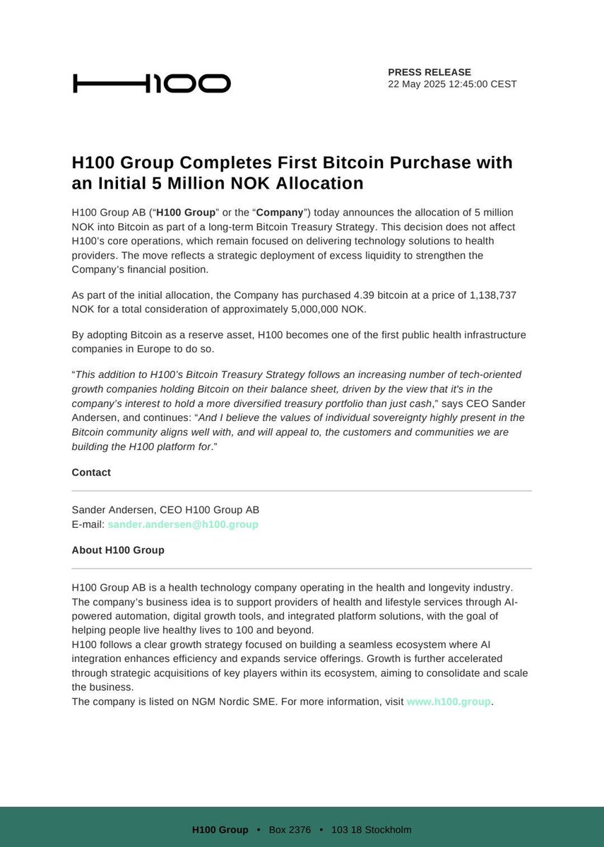 🚨 BREAKING: "La H100 Group diventa la prima azienda quotata in borsa in Svezia a detenere Bitcoin, acquistando 4,39 BTC!"