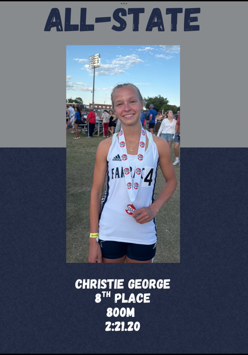jack tate (@coachtatefhs20) on Twitter photo All-State Honors for Farragut Lady Admiral CHRISTIE GEORGE! 🏃♀️⚓️
Christie took 8th place in the 800 Meter Run (2:21.20) this afternoon at MTSU in Murfreesboro!
<a href="/AdmiralsXC_TF/">Chelsea Osborne</a> <a href="/West105_WFIV/">Farragut Radio</a> <a href="/caravaughnfhs/">Cara Vaughn</a> <a href="/5StarPreps/">5Star Preps</a> <a href="/prepxtra/">PrepXtra</a> All-State Honors for Farragut Lady Admiral CHRISTIE GEORGE! 🏃♀️⚓️
Christie took 8th place in the 800 Meter Run (2:21.20) this afternoon at MTSU in Murfreesboro!
<a href="/AdmiralsXC_TF/">Chelsea Osborne</a> <a href="/West105_WFIV/">Farragut Radio</a> <a href="/caravaughnfhs/">Cara Vaughn</a> <a href="/5StarPreps/">5Star Preps</a> <a href="/prepxtra/">PrepXtra</a>