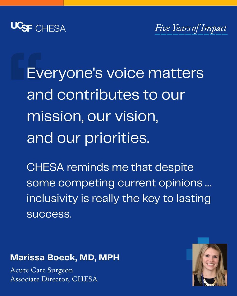 Center for Health Equity in Surgery & Anesthesia (@ucsf_chesa) on Twitter photo CHESA Assoc. Director Marissa Boeck <a href="/KickAsana/">Marissa Boeck MD MPH FACS</a> on #CHESAat5: “Our strength comes from our members, partners & trainees ... everyone's voice matters.”
Together, we challenge the status quo. “Inclusivity is the key to lasting success.” #HealthEquity #GlobalSurgery #Community #UCSF CHESA Assoc. Director Marissa Boeck <a href="/KickAsana/">Marissa Boeck MD MPH FACS</a> on #CHESAat5: “Our strength comes from our members, partners & trainees ... everyone's voice matters.”
Together, we challenge the status quo. “Inclusivity is the key to lasting success.” #HealthEquity #GlobalSurgery #Community #UCSF