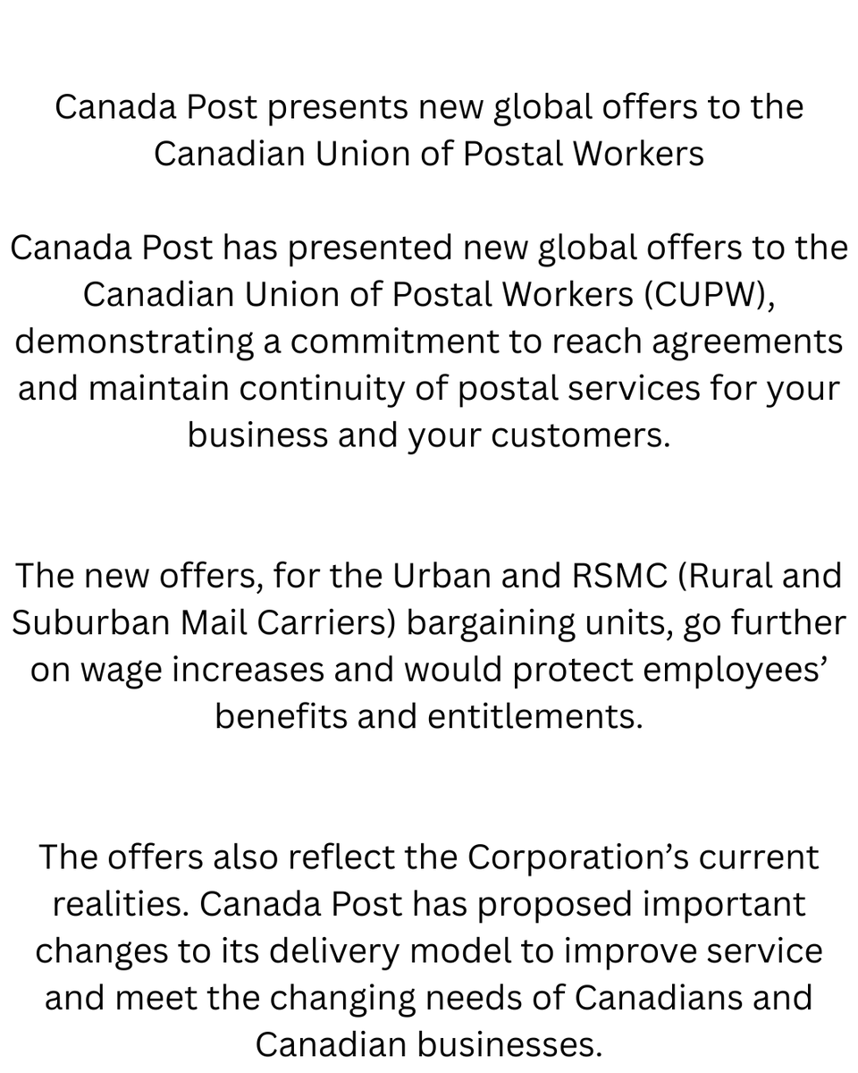 DannaBananas's tweet image. Canada Post introduces new global proposals to the Canadian Union of Postal Workers.

#SmallBusiness #smallbusinessowner #canadapost