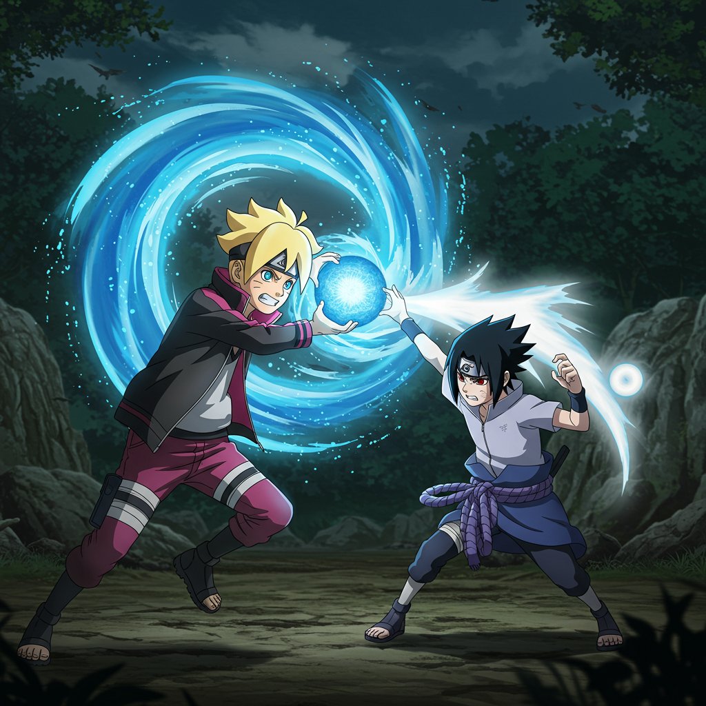 Boruto and Young Sasuke in his shippuden clothes