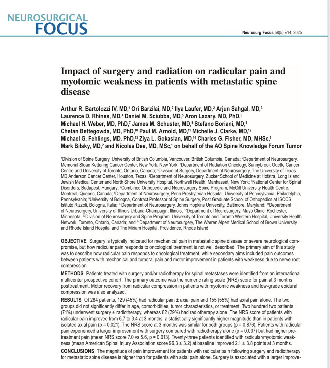 MGalganoMD's tweet image. New pub from the @AOSpine Tumor KF in the latest issue of Neurosurgical Focus
thejns.org/focus/view/jou…
- The magnitude of pain improvement for patients with radicular pain following surgery and radiotherapy for metastatic spine disease is higher than for patients with pain alone