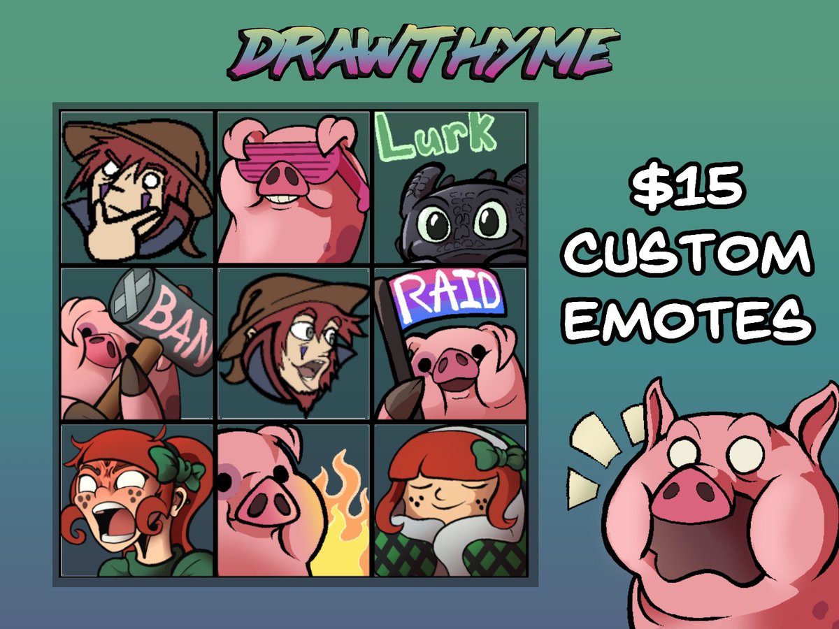 Drawthyme's tweet image. Anyway, for real this time, no funnies, my commissions are VERY OPEN!
Here is everything i offer;
emotes- $15
Portraits- $20
Single character render- $50 for bust, $80 full body
Full character +background - $100

My print shops open too I have ultrakill, risk of rain, and dota :3
