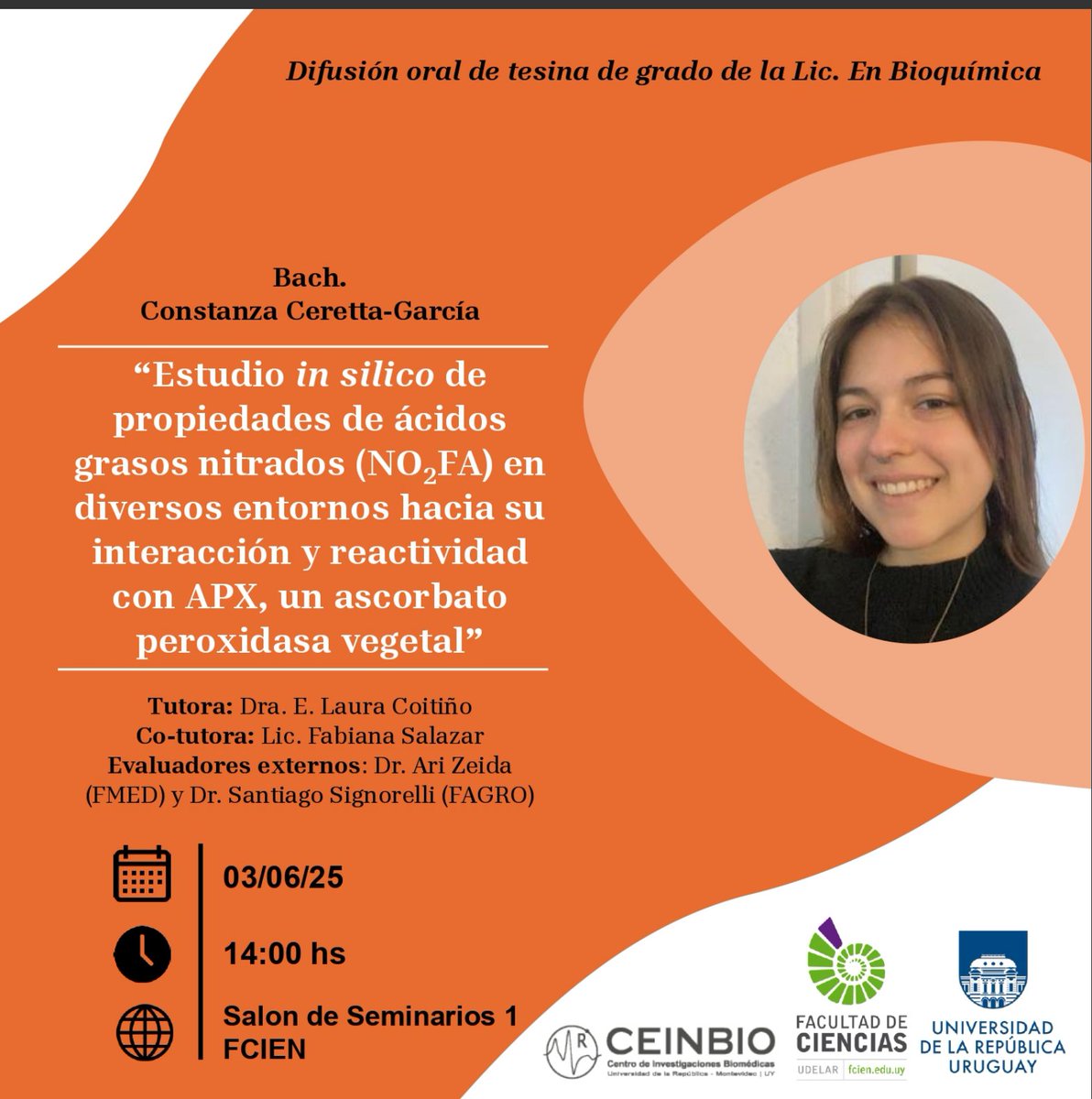 Otra discípula que completa su recorrido en breve. Con alegría y satisfacción, desde el LQTC <a href="/LqtcUdelaR/">LQTC-FCIEN-UDELAR</a>  les invitamos a la presentación oral pública de la Tesina de Grado de Constanza en Facultad de Ciencias, el martes 3 de junio a las 14 hs. <a href="/FcienUdelar/">Facultad de Ciencias</a>  <a href="/Udelaruy/">Universidad de la República</a> <a href="/PEDECIBA/">PEDECIBA</a>