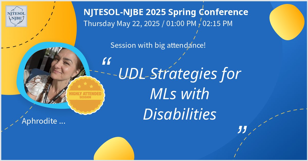 adellaporta03's tweet photo. Presented today at NJTESOL-NJBE 2025 Spring Conference on UDL Strategies for MLs with Disabilities. So humbled by all the dedicated educators. Thanks so much for the great turnout! #njtesolbe25 - via #Whova event app https://t.co/K913lVvxAy