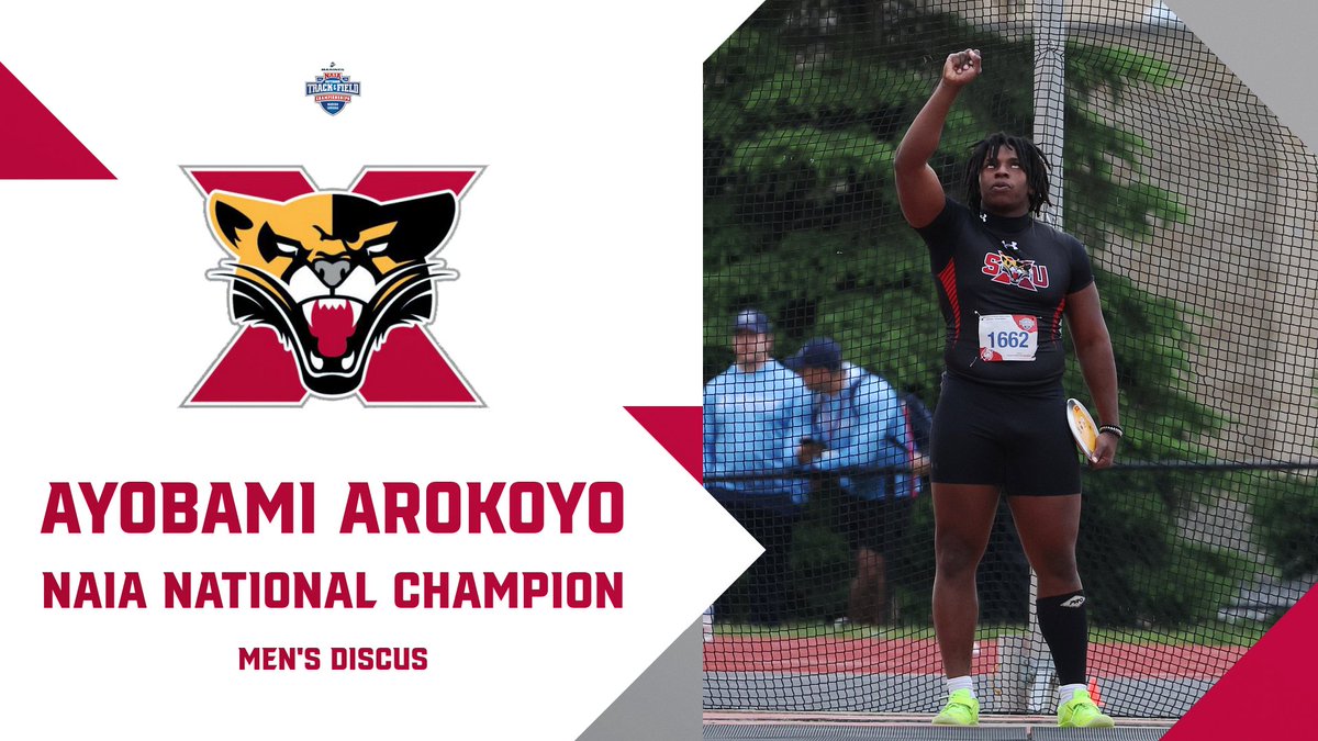 🚨NATIONAL CHAMPION🚨 Ayobami Arokoyo won the Discus at the NAIA Men's Outdoor Track &amp; Field National Championships w/ a throw of 54.37m to become the first men's <a href="/SXU_XCTF/">SXU XC/TF</a> individual champion! #GoCougs🐾 #WeAreSXU