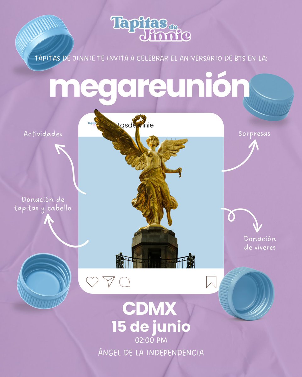 Este 15 de junio es para #ARMY 💜
¡Nos vemos en el Ángel con BangkandaForever para una megareunión con concursos, rifas, random dance, set de fotos y mucho amor! 🎉

🕑 2:00 PM
📍 Ángel de la Independencia, #CDMX
♻️ Recolectaremos tapitas, despensa y cabello 💇‍♀️

#BTSAnniversary