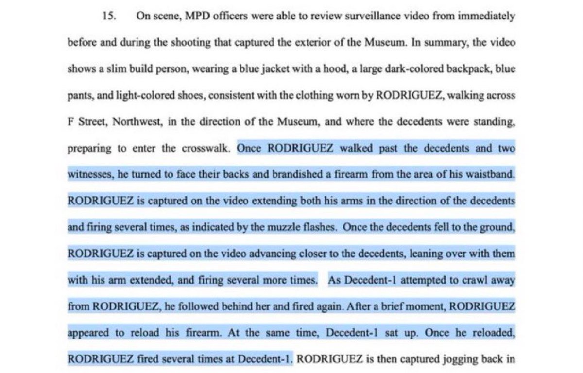 Wow.

The new charges against Elias Rodriguez reveal he made sure Yaron and Sarah were dead. 

After shooting Sarah, she tried to crawl away— he then followed her and shot her again in the back. This was an execution.