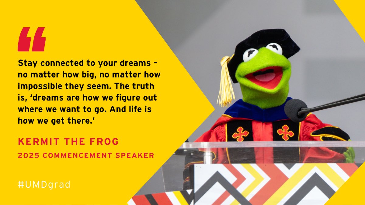 Univ. of Maryland (@uofmaryland) on Twitter photo .<a href="/KermitTheFrog/">Kermit the Frog</a> delights the crowd at #UMDGrad: “As you prepare to take this big leap into real life, here’s a little advice, if you’re willing to listen to a frog.” #Kermencement 💚 .<a href="/KermitTheFrog/">Kermit the Frog</a> delights the crowd at #UMDGrad: “As you prepare to take this big leap into real life, here’s a little advice, if you’re willing to listen to a frog.” #Kermencement 💚